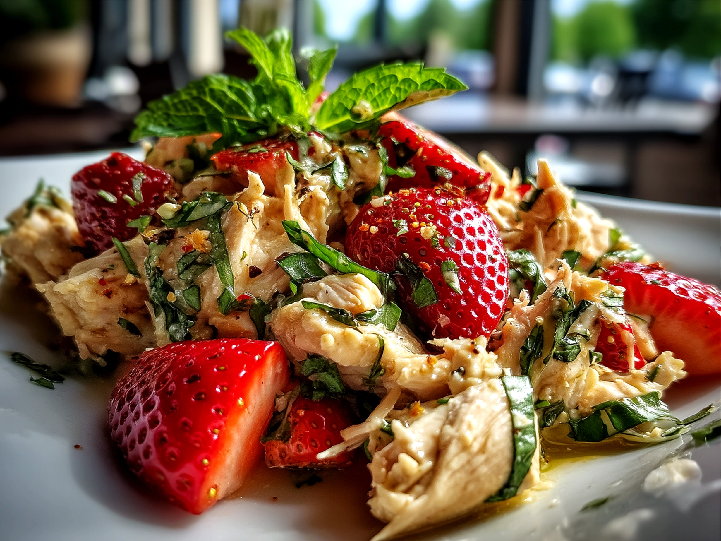 Completed Strawberry Basil Chicken Salad with grilled chicken, fresh strawberries, basil, and greens served in a bowl