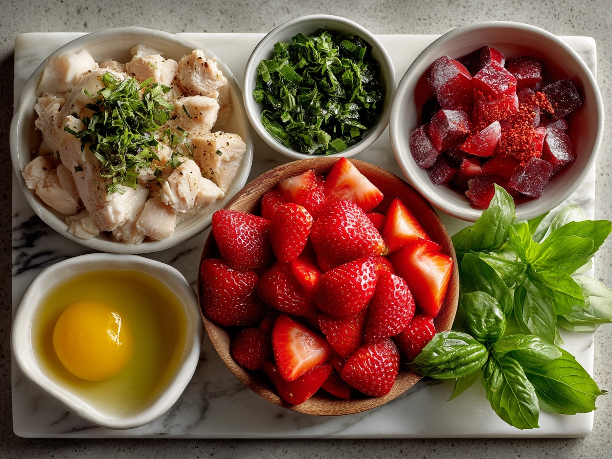 Ingredients for Strawberry Basil Chicken Salad with fresh strawberries, chicken breasts, basil, nuts, and feta cheese