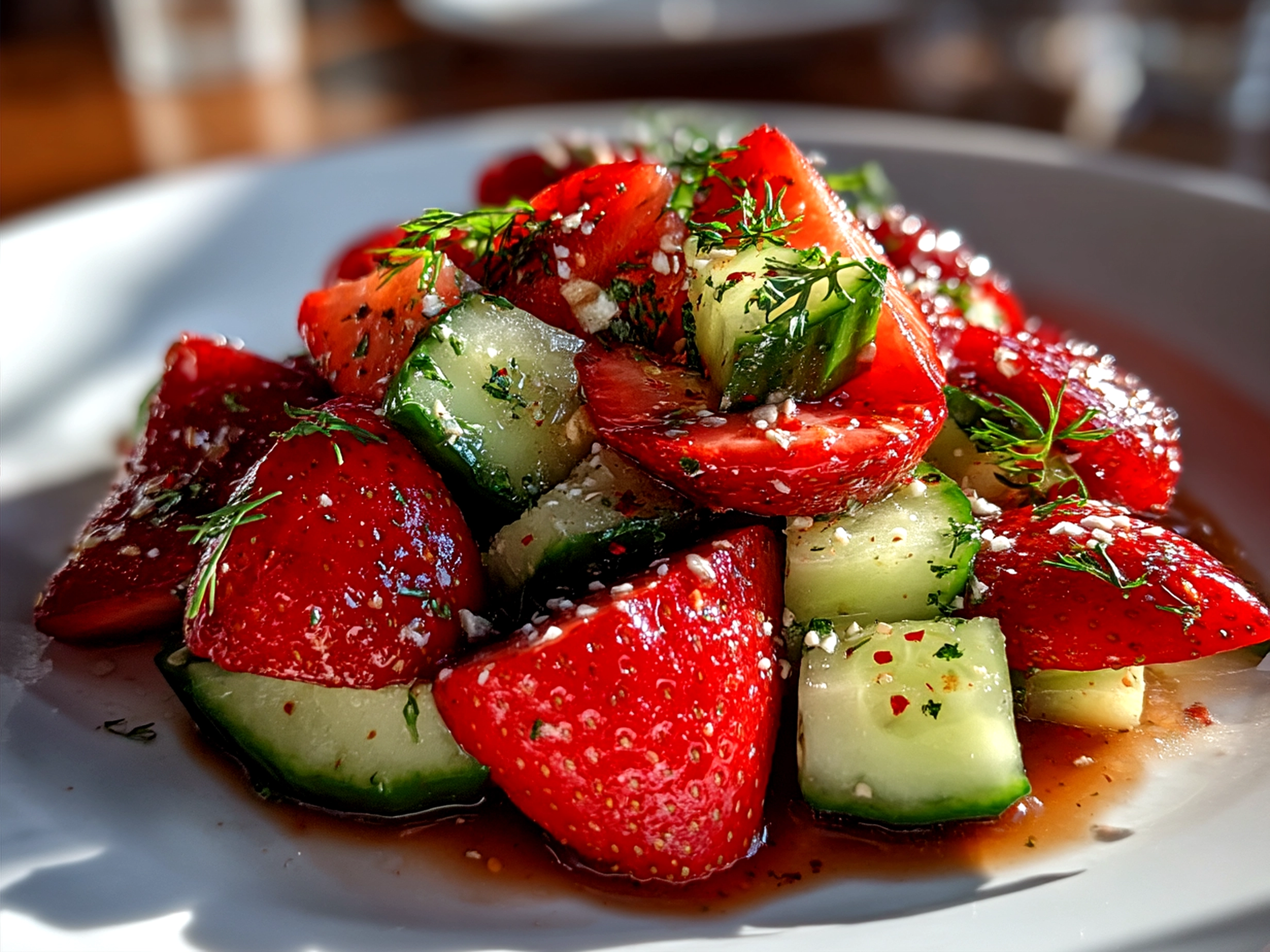 Freshly prepared Strawberry Cucumber Salad ready to serve