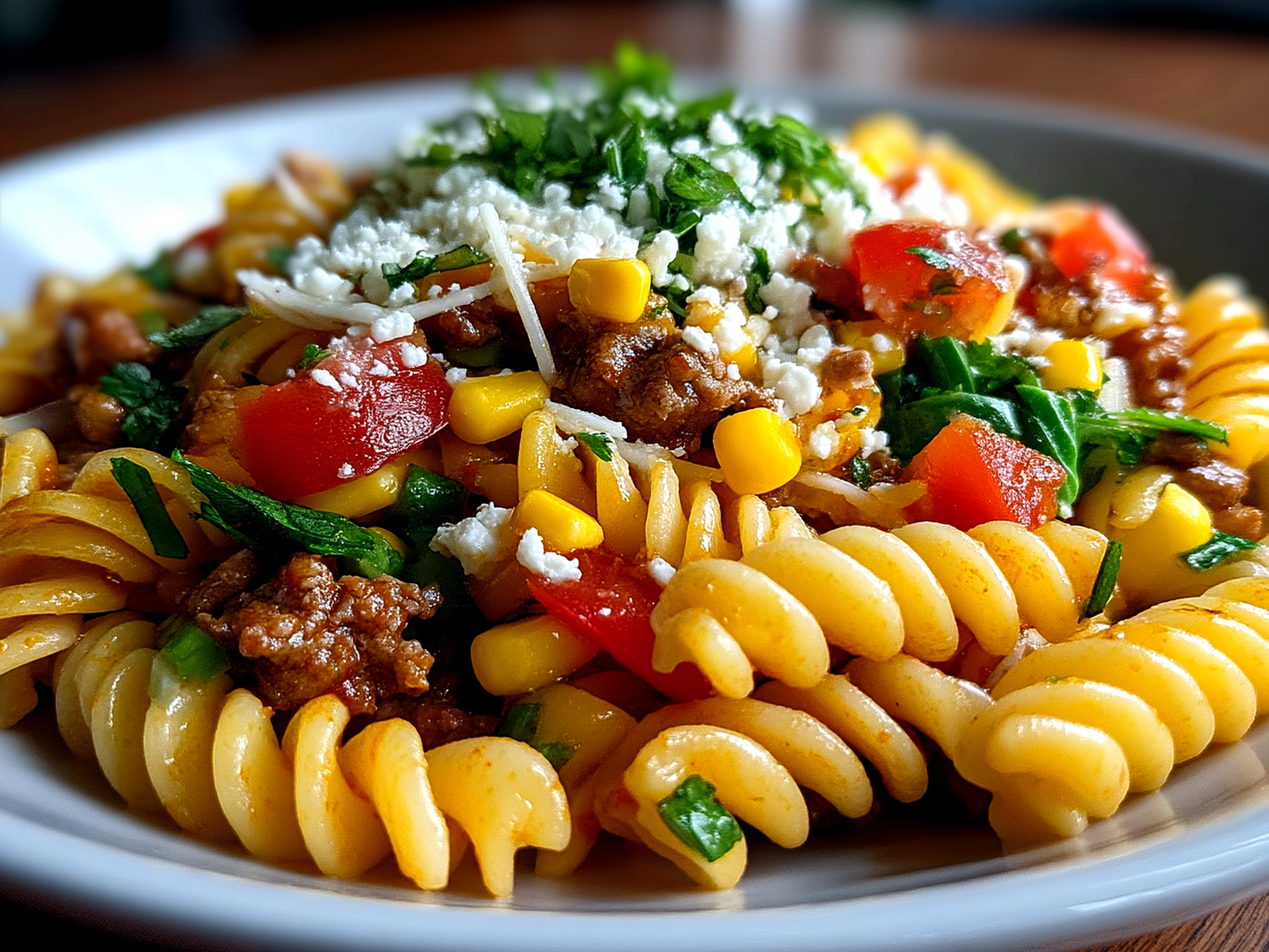 Freshly served Taco Pasta Salad in a bright bowl with colorful vegetables and cheese