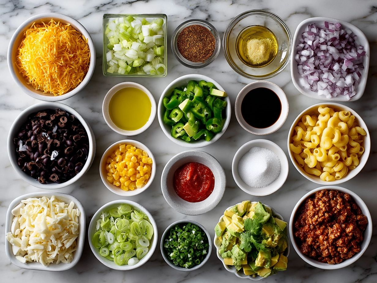 Ingredients for Taco Pasta Salad laid out including pasta, ground beef, beans, corn, cheese, and dressing