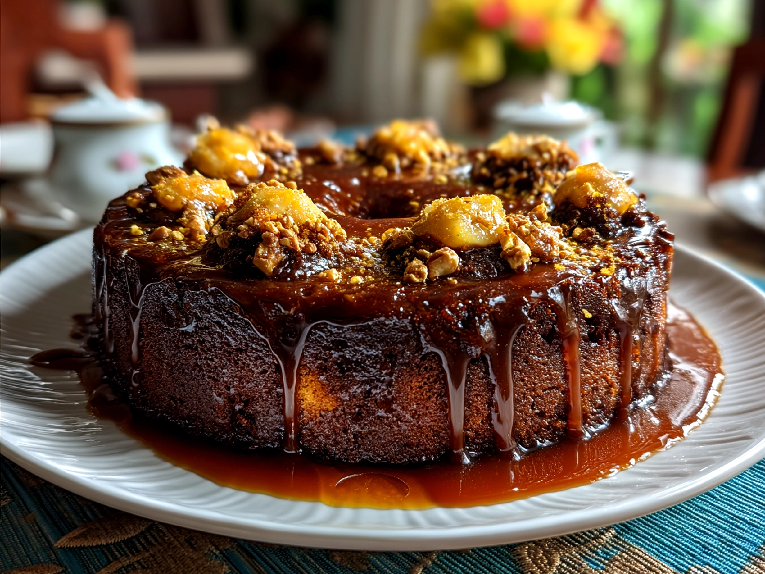 Finished Taurus Chocolate Caramel Cake with caramel drizzle served on a plate