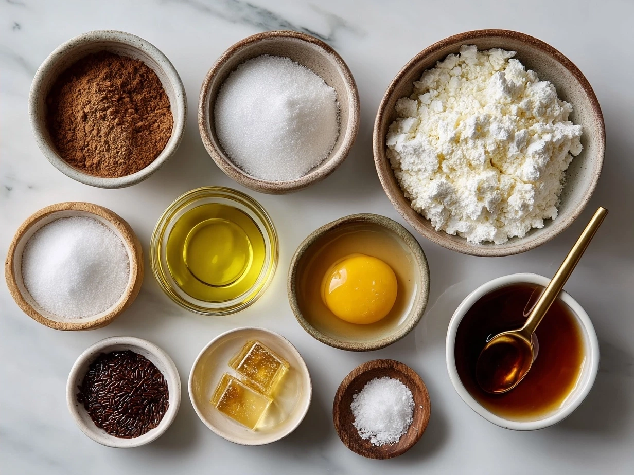 Ingredients for Taurus Chocolate Caramel Cake including flour, sugar, cocoa, eggs, milk, oil, vanilla, sugar for caramel, butter and cream