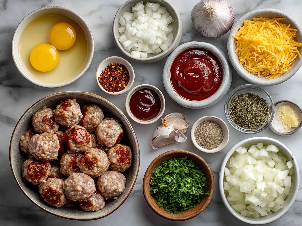Top down view of raw ingredients for BBQ Sausage Bites on a marble surface
