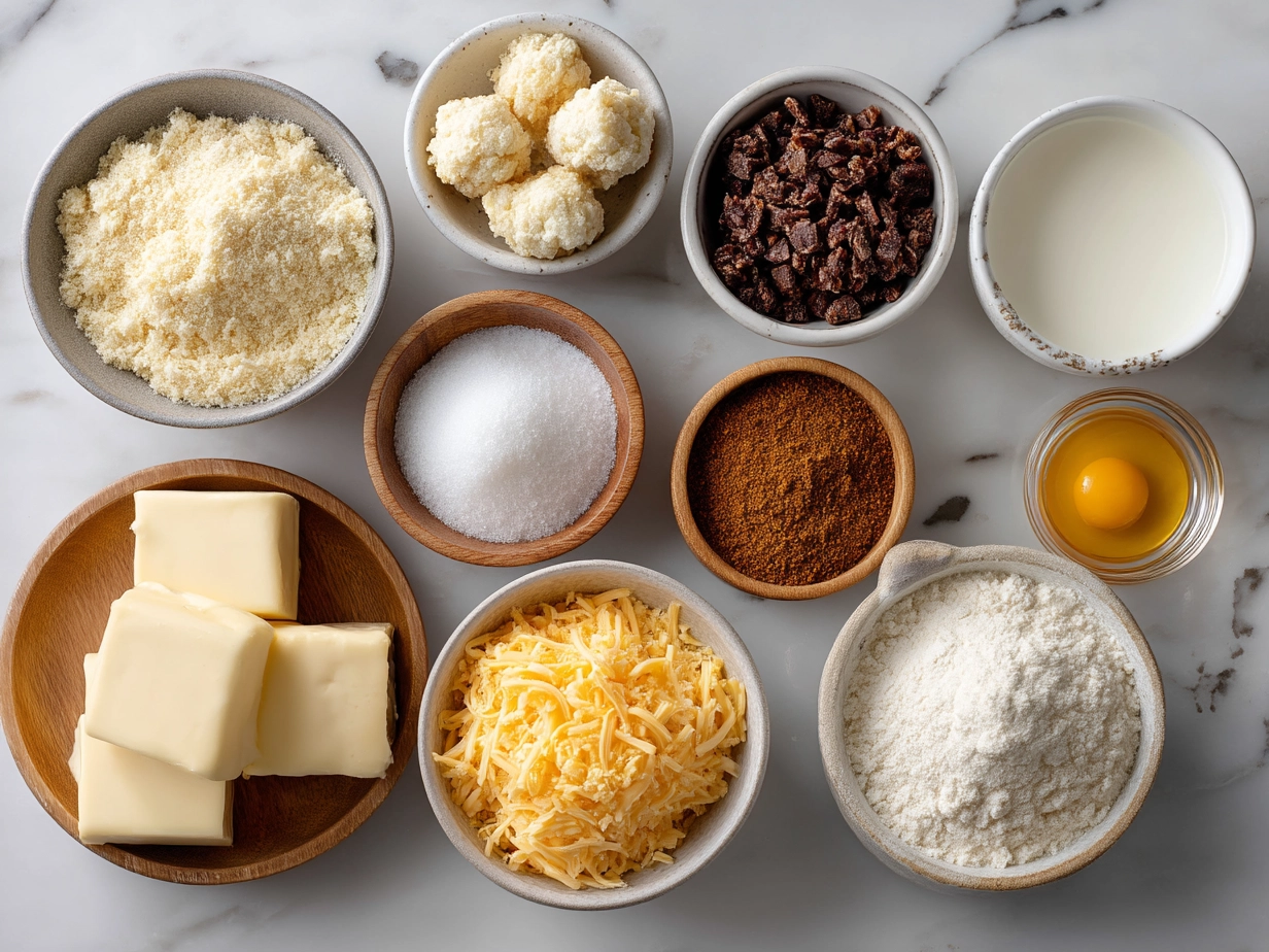 Top down view of raw ingredients for Cheddar Bay Sausage Balls on marble surface