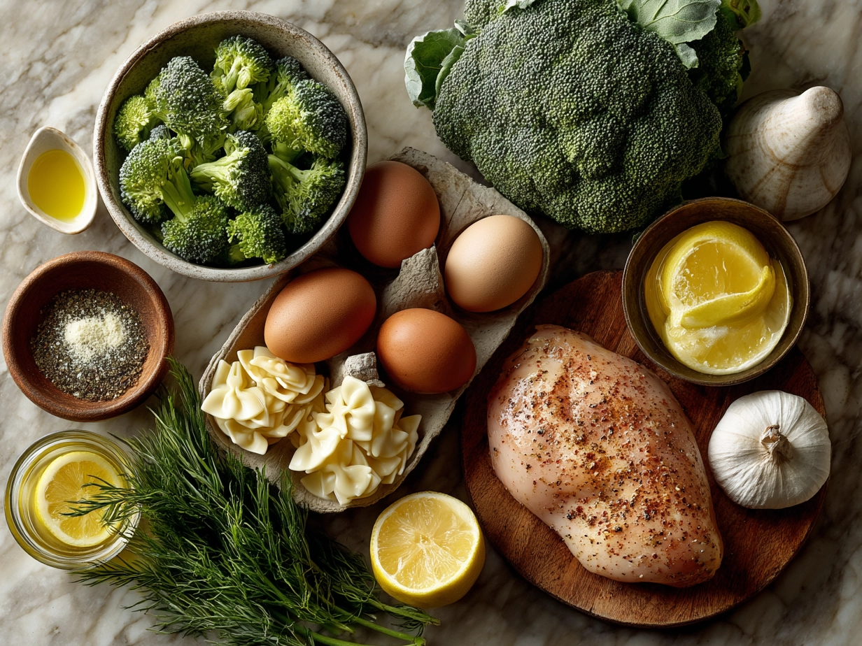 Raw ingredients for Cowboy Butter Lemon Bowtie Chicken with Broccoli laid out on a table