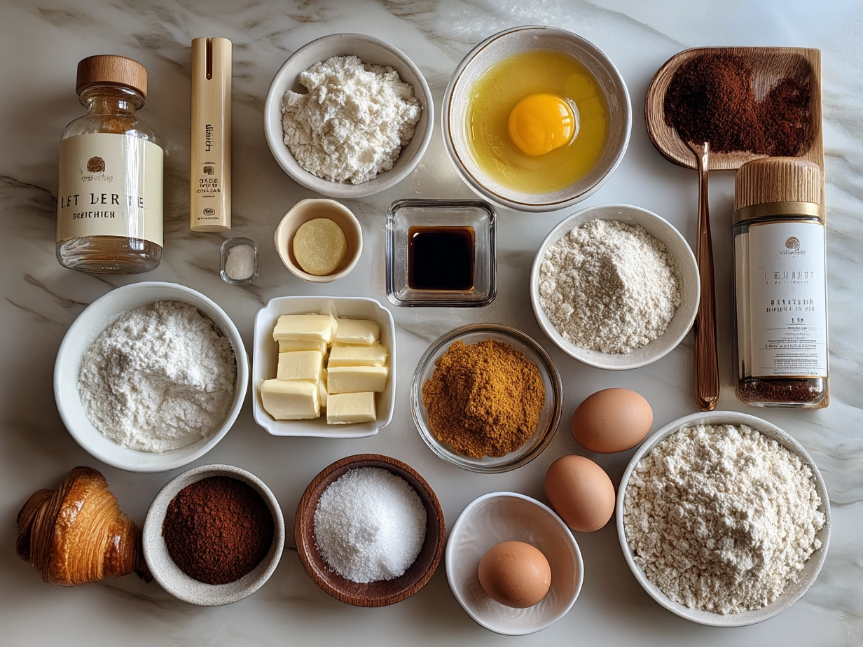 Top down raw ingredients for French Croissant on marble