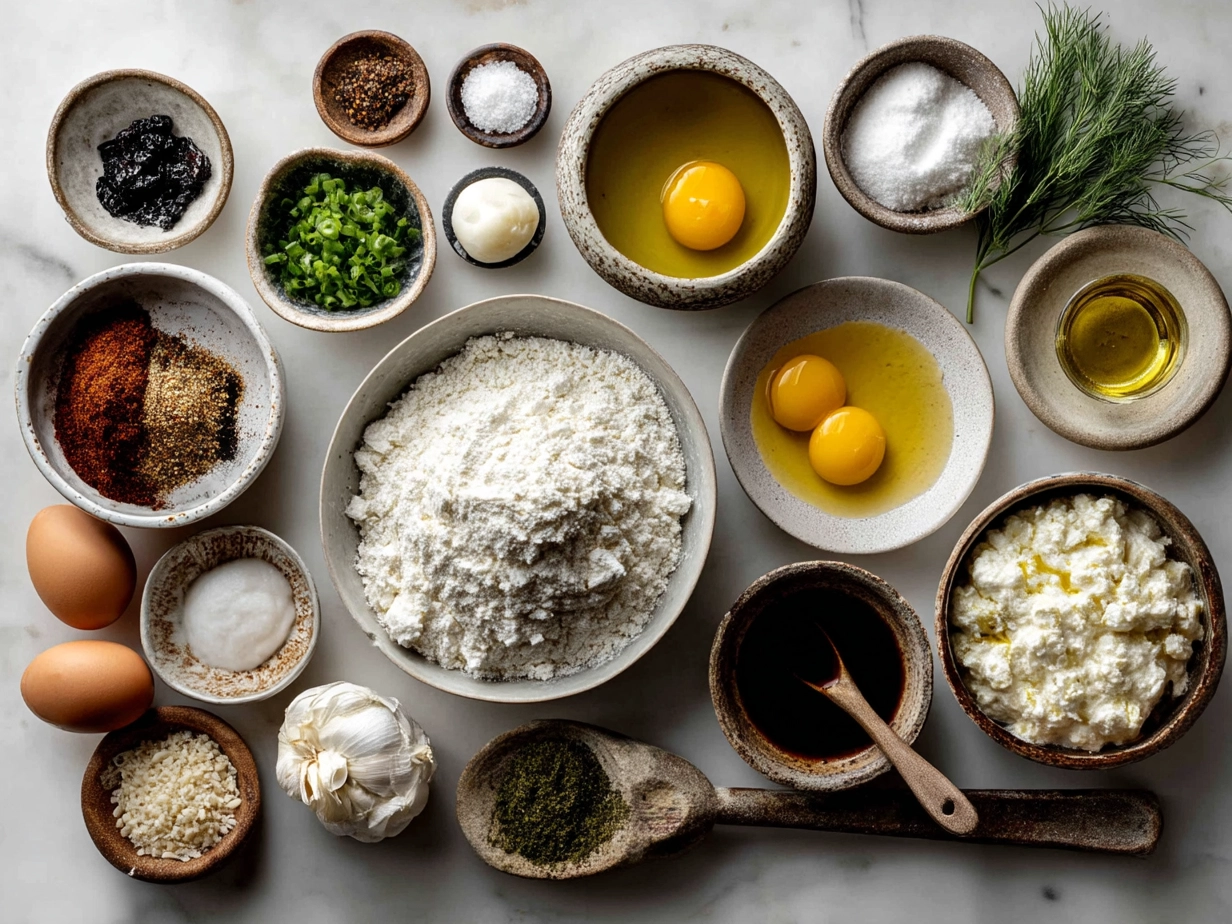 Top down raw ingredients for Keto Cottage Cheese Bagels on marble