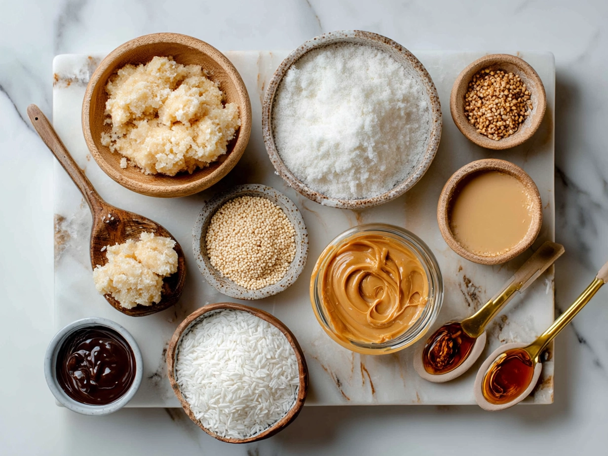Top-down image of raw ingredients for Peanut Butter Balls with Rice Krispies on marble surface