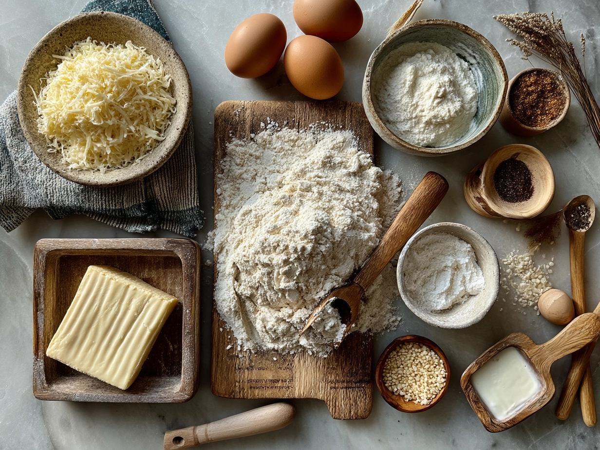 Top down view of raw ingredients for sourdough cheese crackers on a marble surface