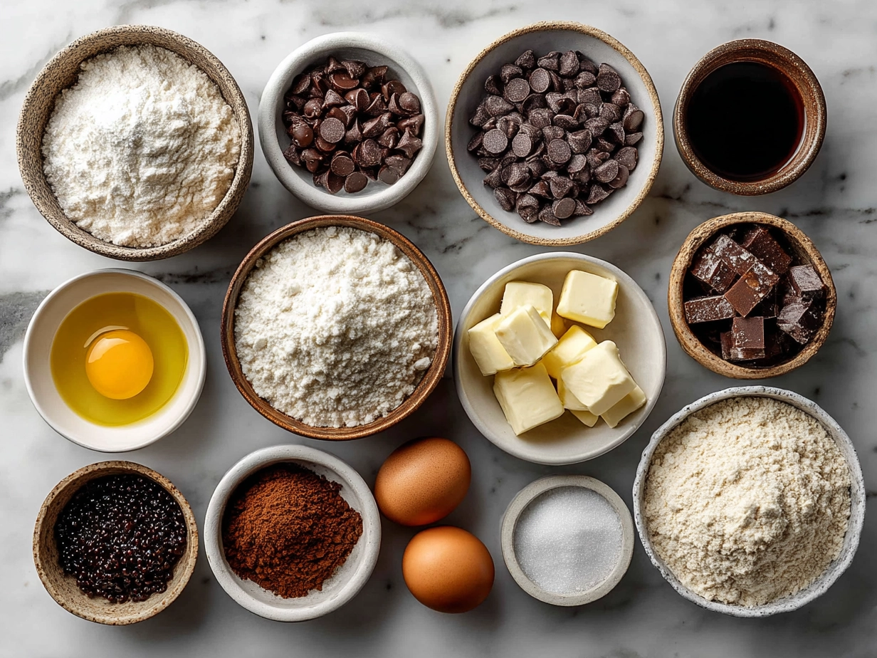 Raw ingredients for sourdough chocolate chip muffins laid out on marble surface