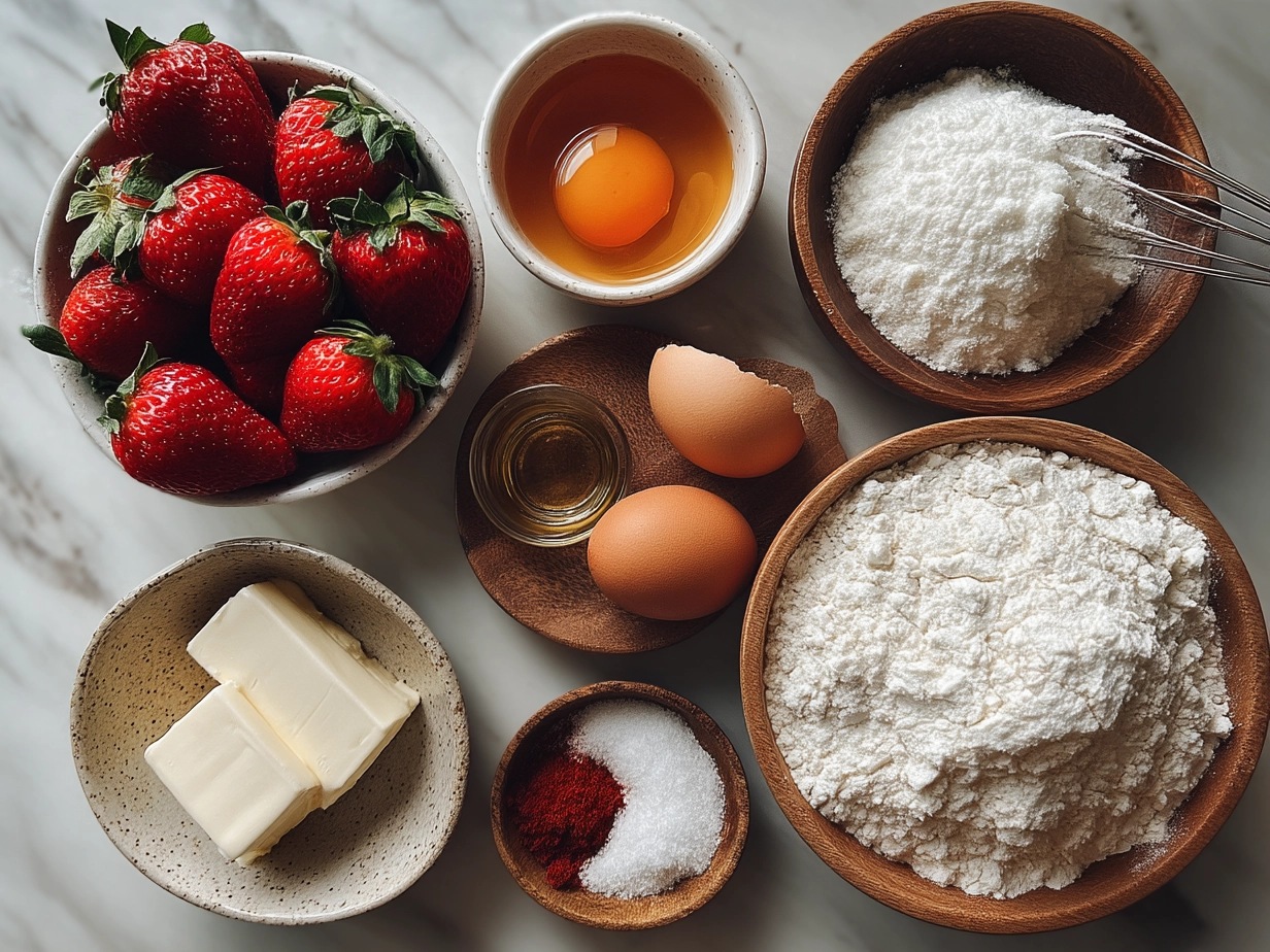 Raw ingredients for Strawberry Cheesecake Cookies including butter, cream cheese, sugar, eggs, flour, and fresh strawberries