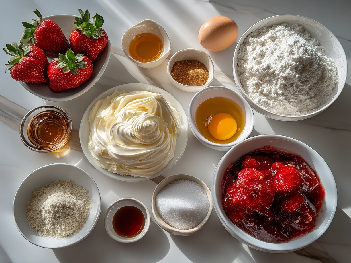 Top down view of raw ingredients for strawberry cool whip cookies on a marble surface
