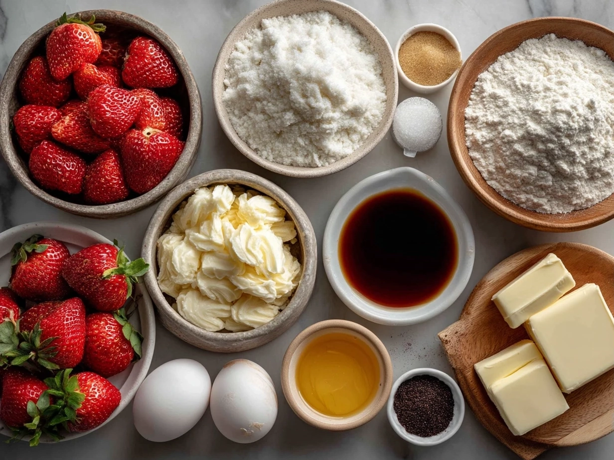 Top-down view of raw ingredients including flour, eggs, strawberries, cream cheese, sugar and buttermilk for Strawberry Cream Cheese Muffins