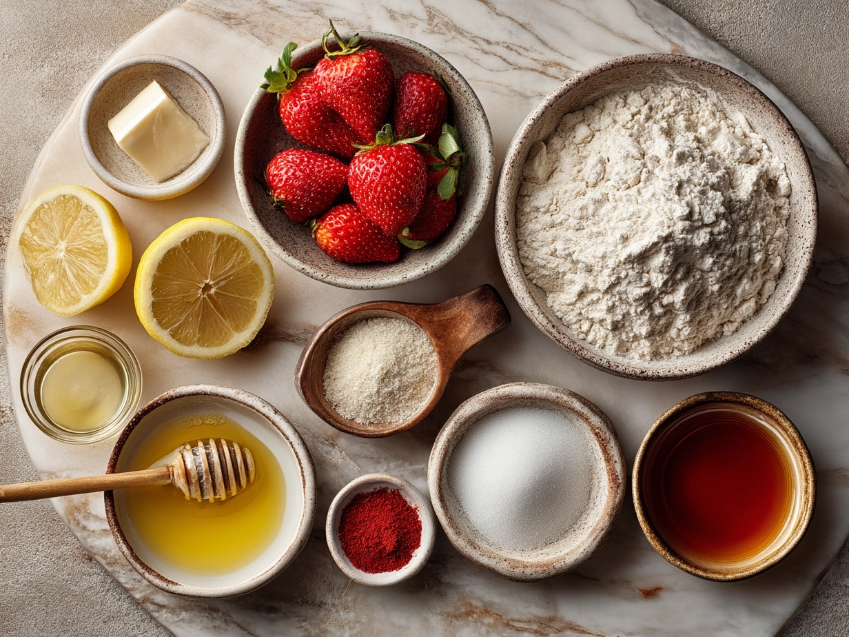 Top down view of raw ingredients for strawberry lemonade cookie laid out on marble surface