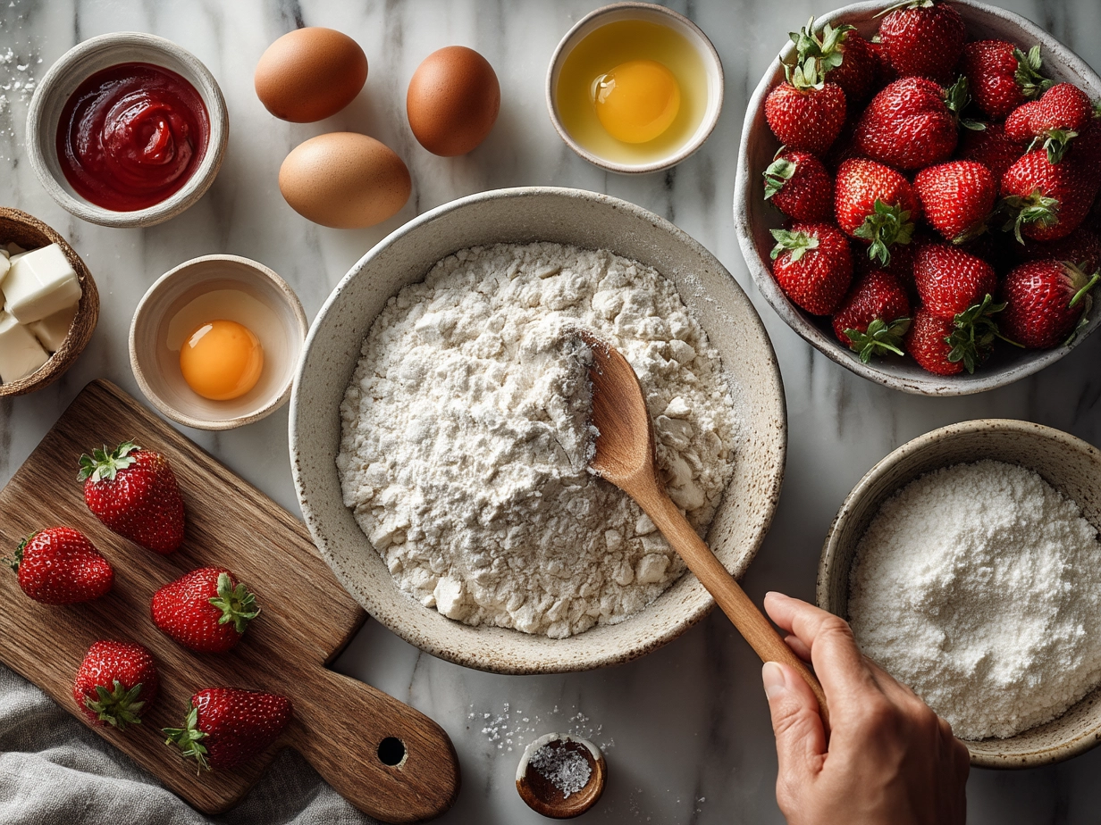Top-down view of raw ingredients for strawberry muffins on a marble countertop