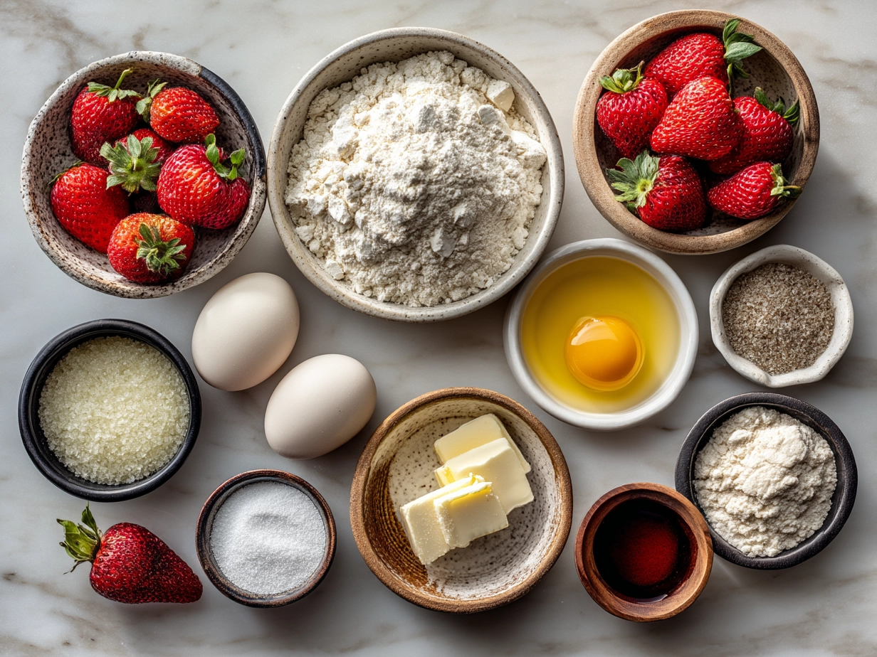 Top down raw ingredients for strawberry pop tart cookies on marble