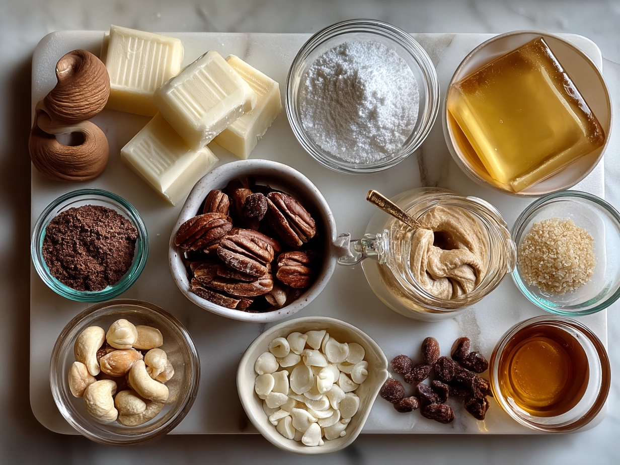 Top down view of raw ingredients for white chocolate peanut butter cups on marble surface
