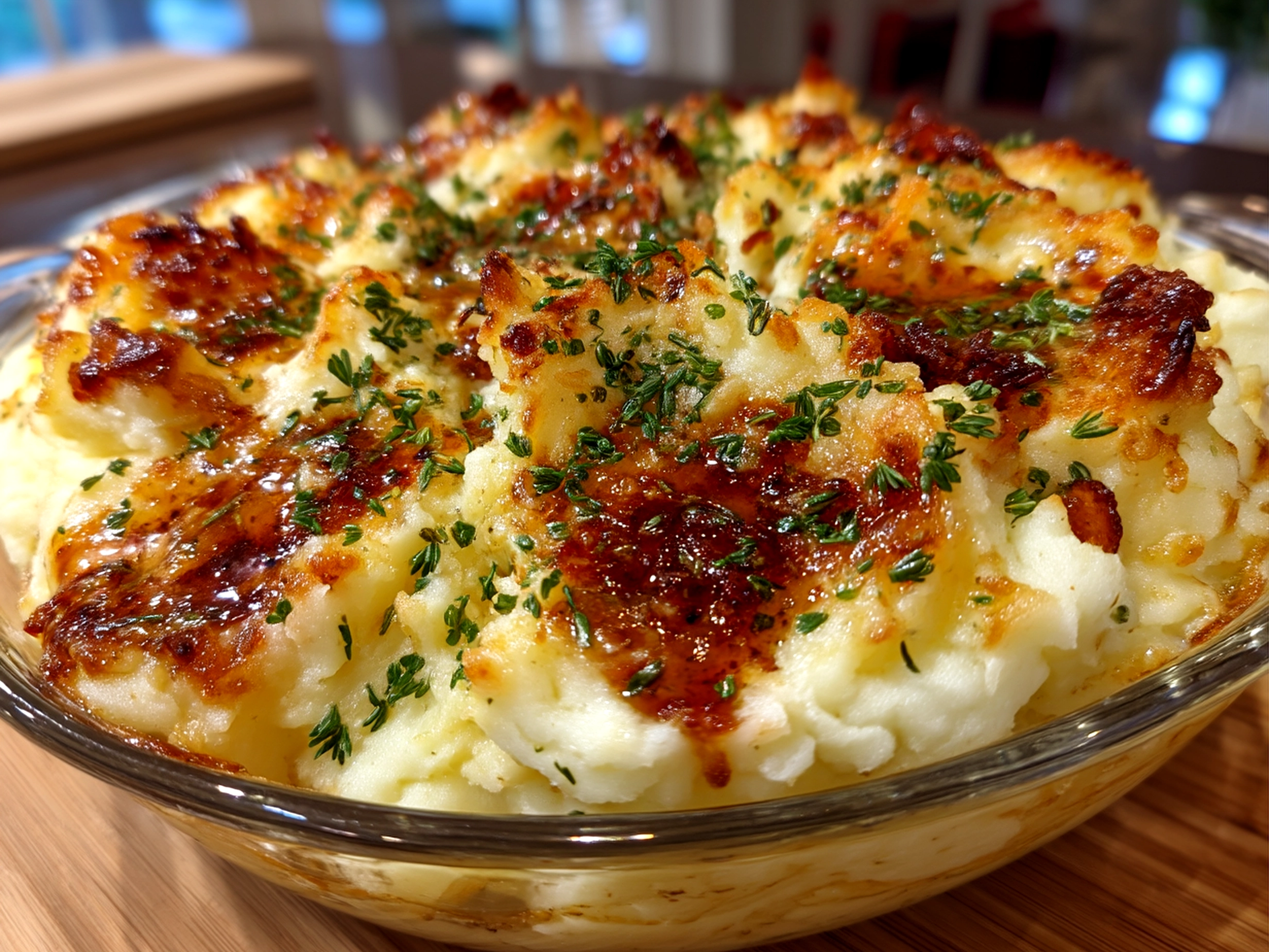 A bowl of Ultimate Loaded Mashed Potatoes garnished with cheddar, bacon bits, and green onions