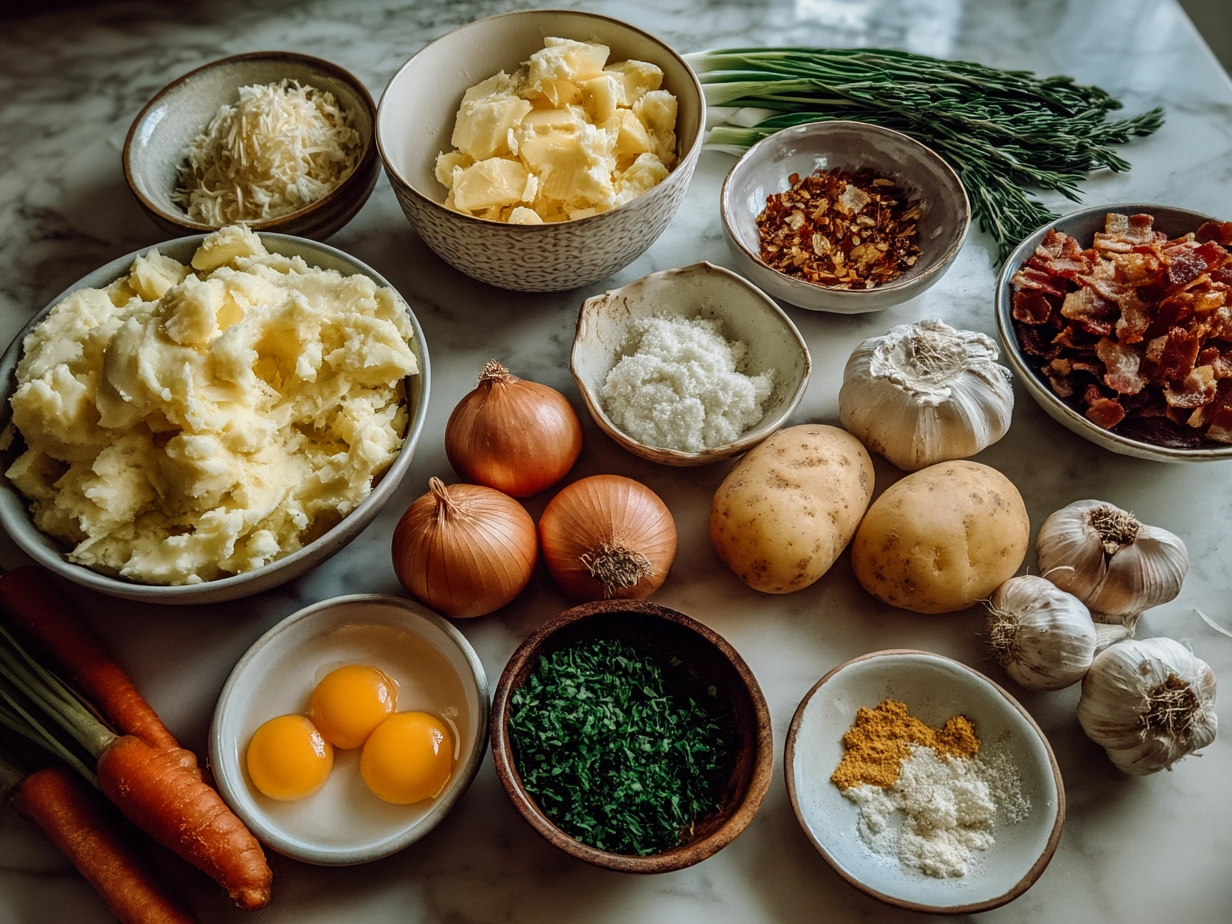 Ingredients for Ultimate Loaded Mashed Potatoes including potatoes, cheese, bacon bits, and dairy