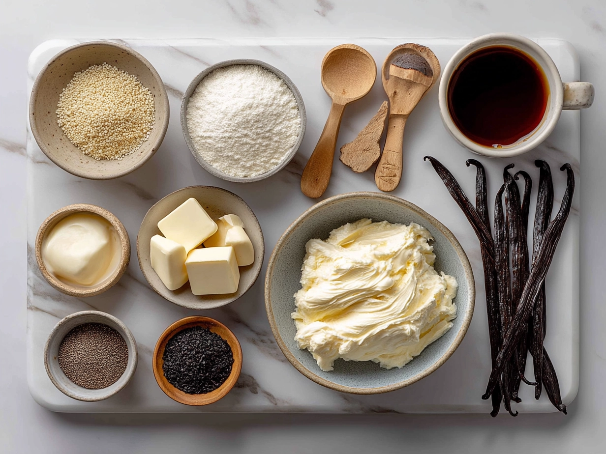 Ingredients for vanilla bean frappuccino laid out on table