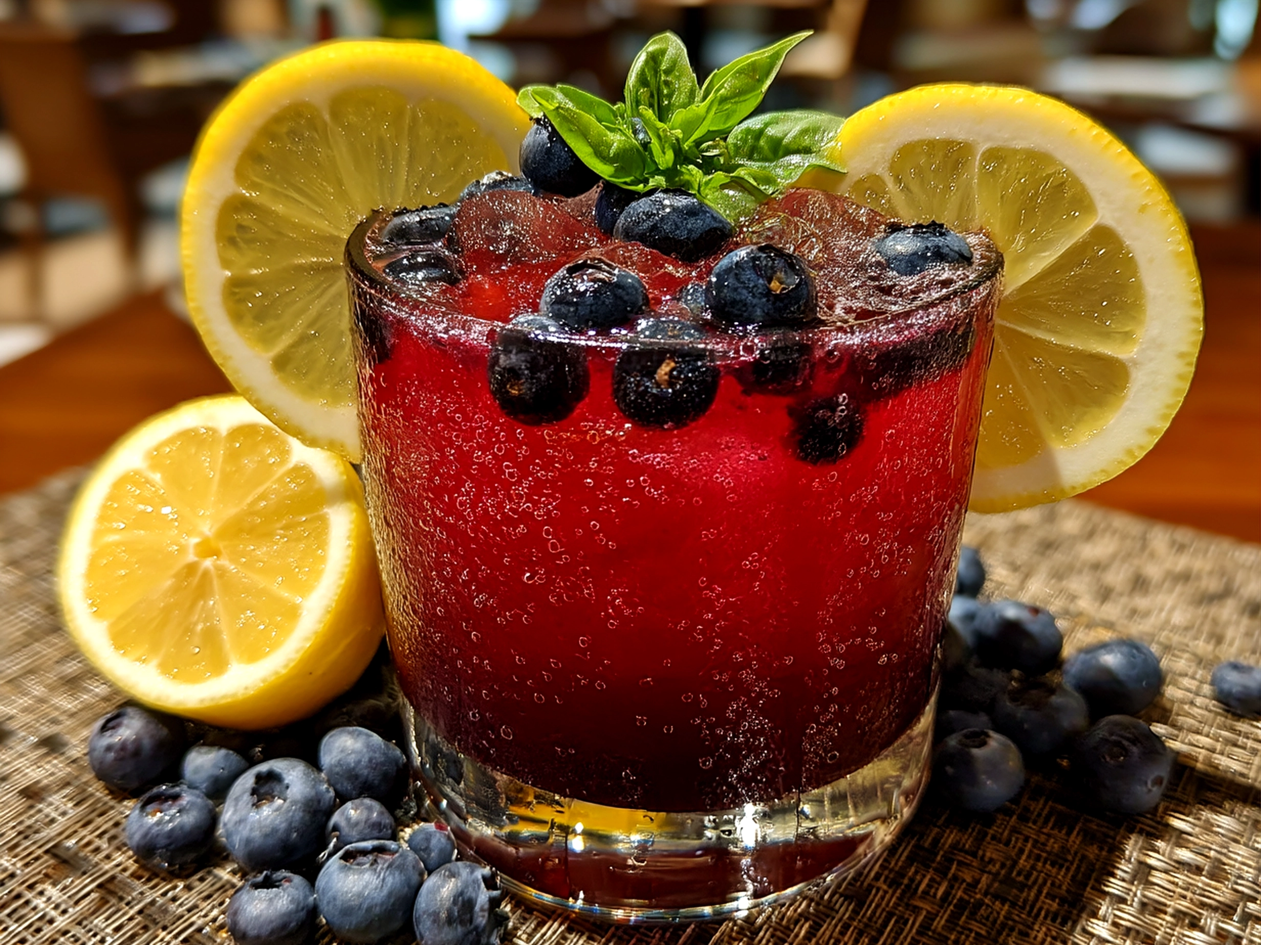 A glass of Blueberry Basil Lemonade garnished with basil leaves and fresh blueberries, served over ice on a sunny patio