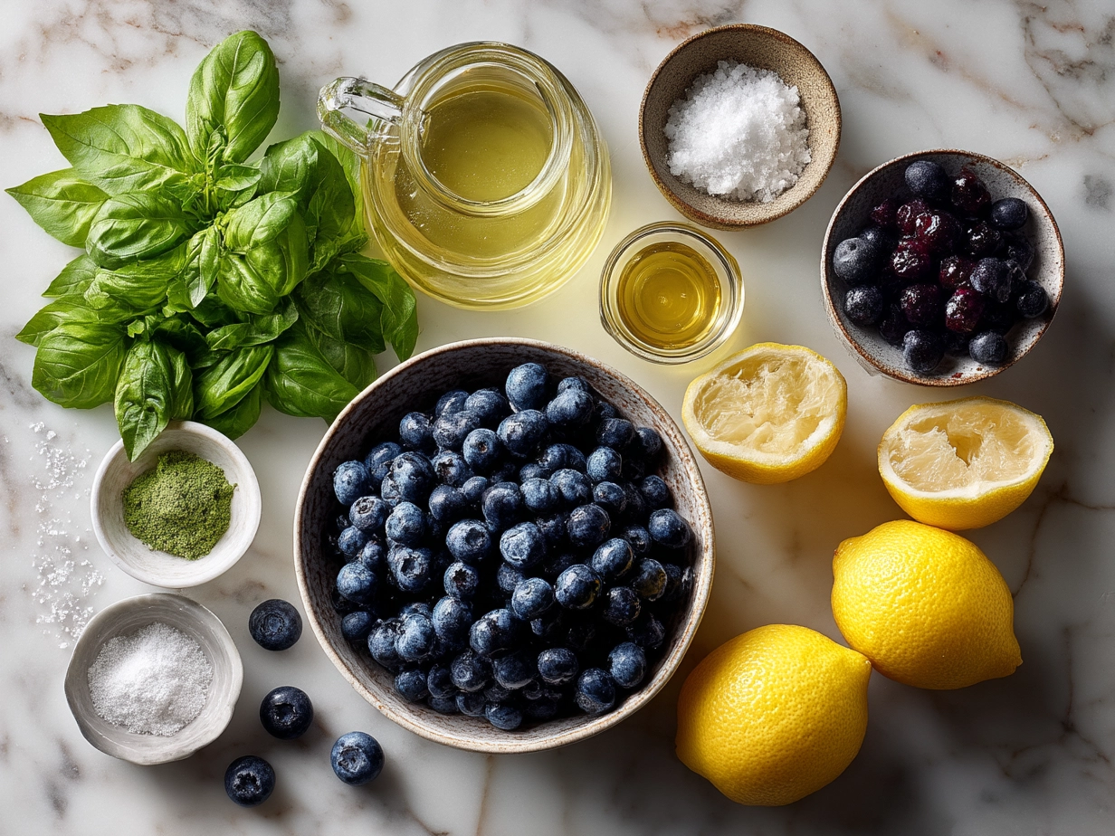 Ingredients for Blueberry Basil Lemonade laid out on a wooden surface including fresh blueberries, basil leaves, lemons, sugar, and water