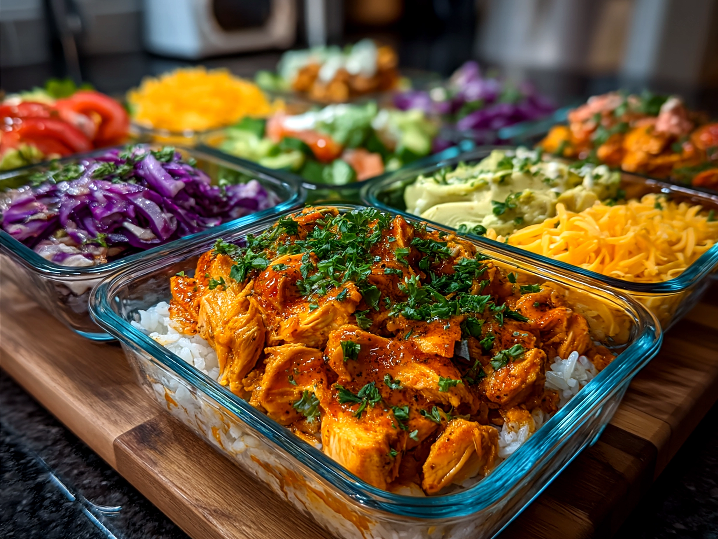 Buffalo Chicken Meal Prep Bowls served in bowls with dressing on the side