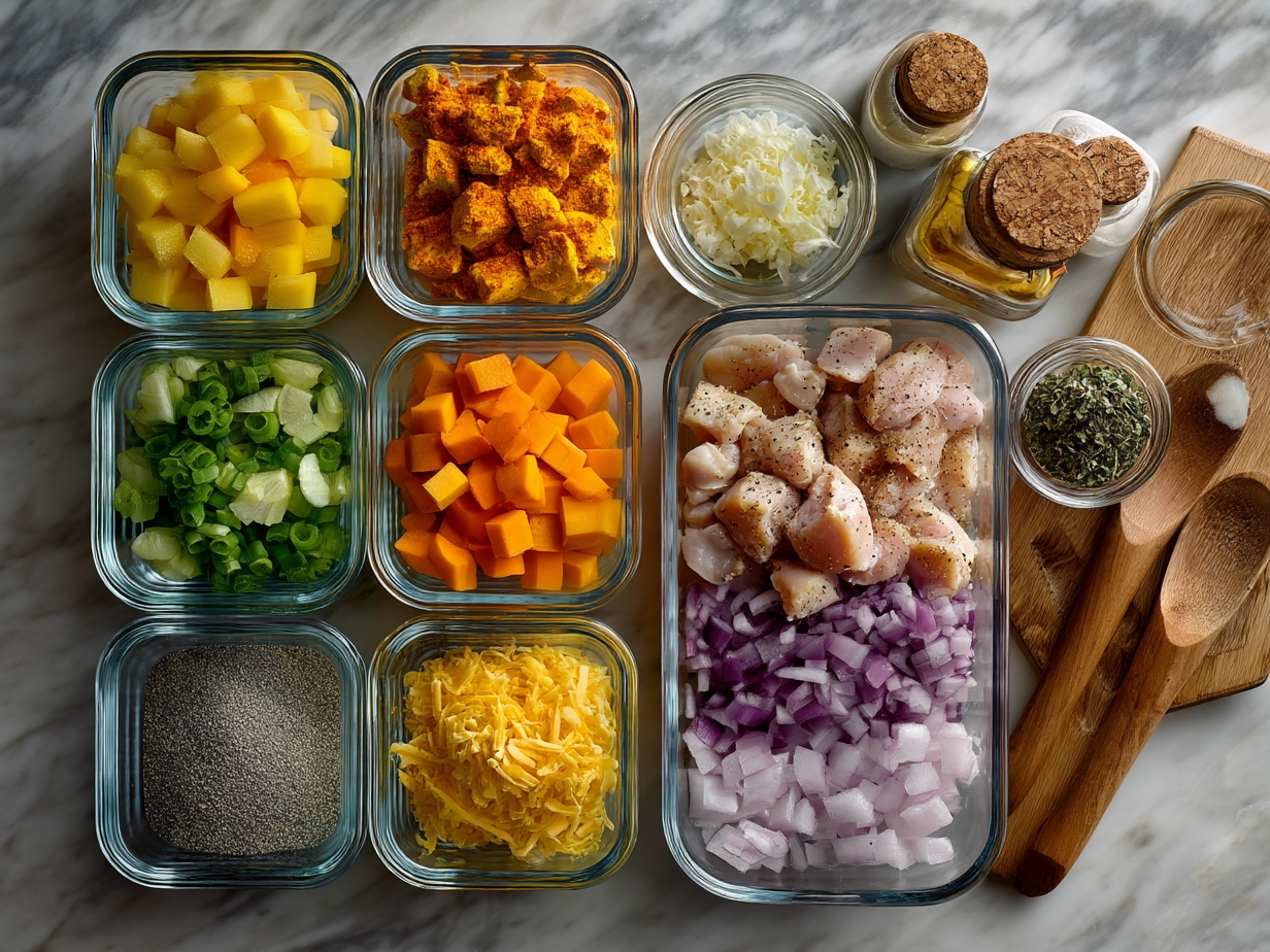 Buffalo Chicken Meal Prep Bowls ingredients laid out on a kitchen counter