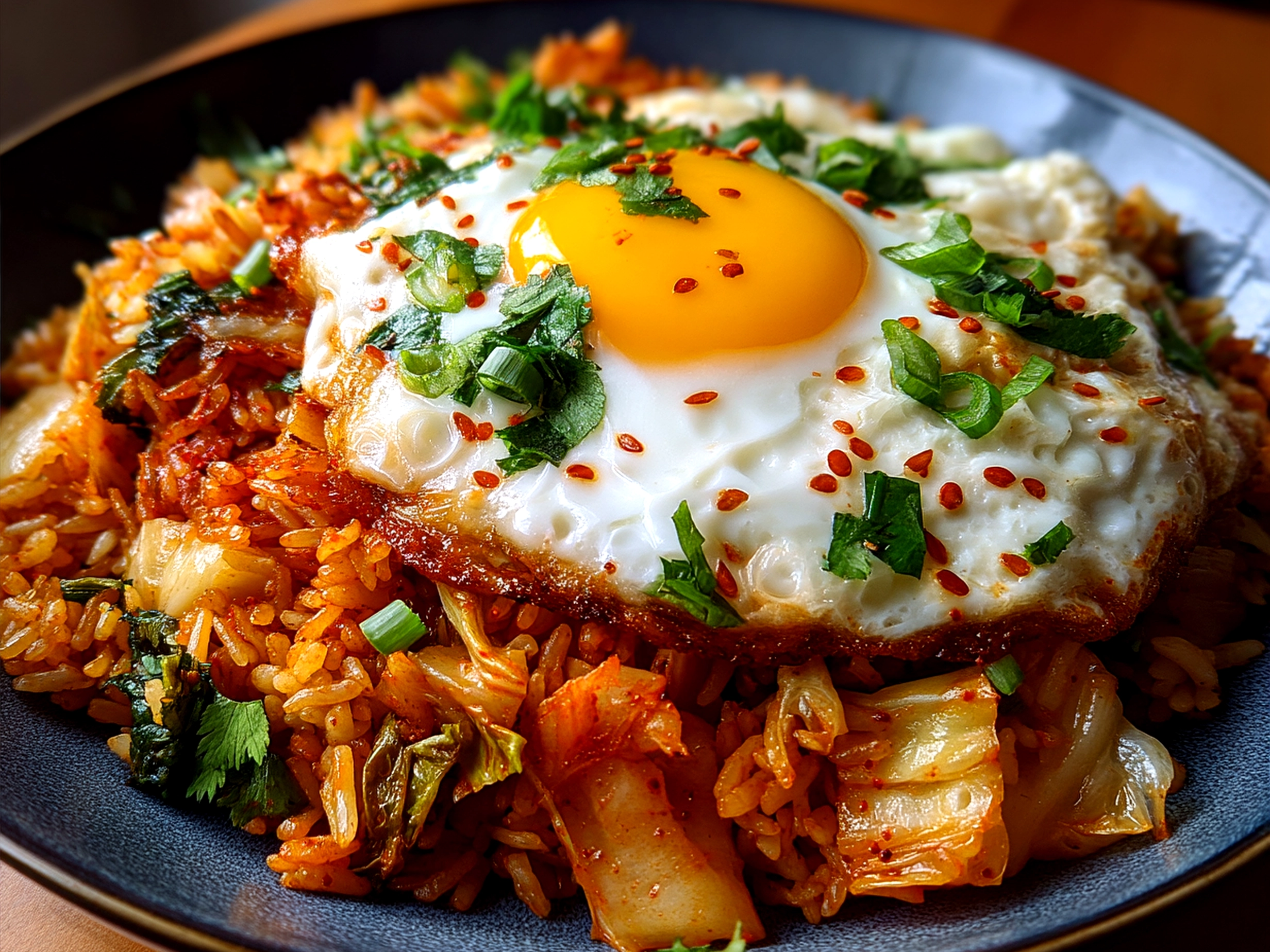 Serving bowl of Cabbage Kimchi Fried Rice garnished with green onions and sesame seeds