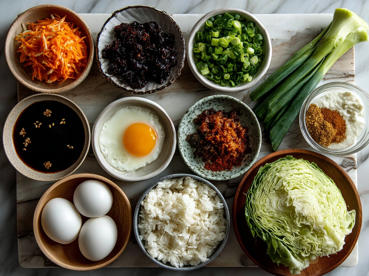 Ingredients for Cabbage Kimchi Fried Rice displayed in bowls