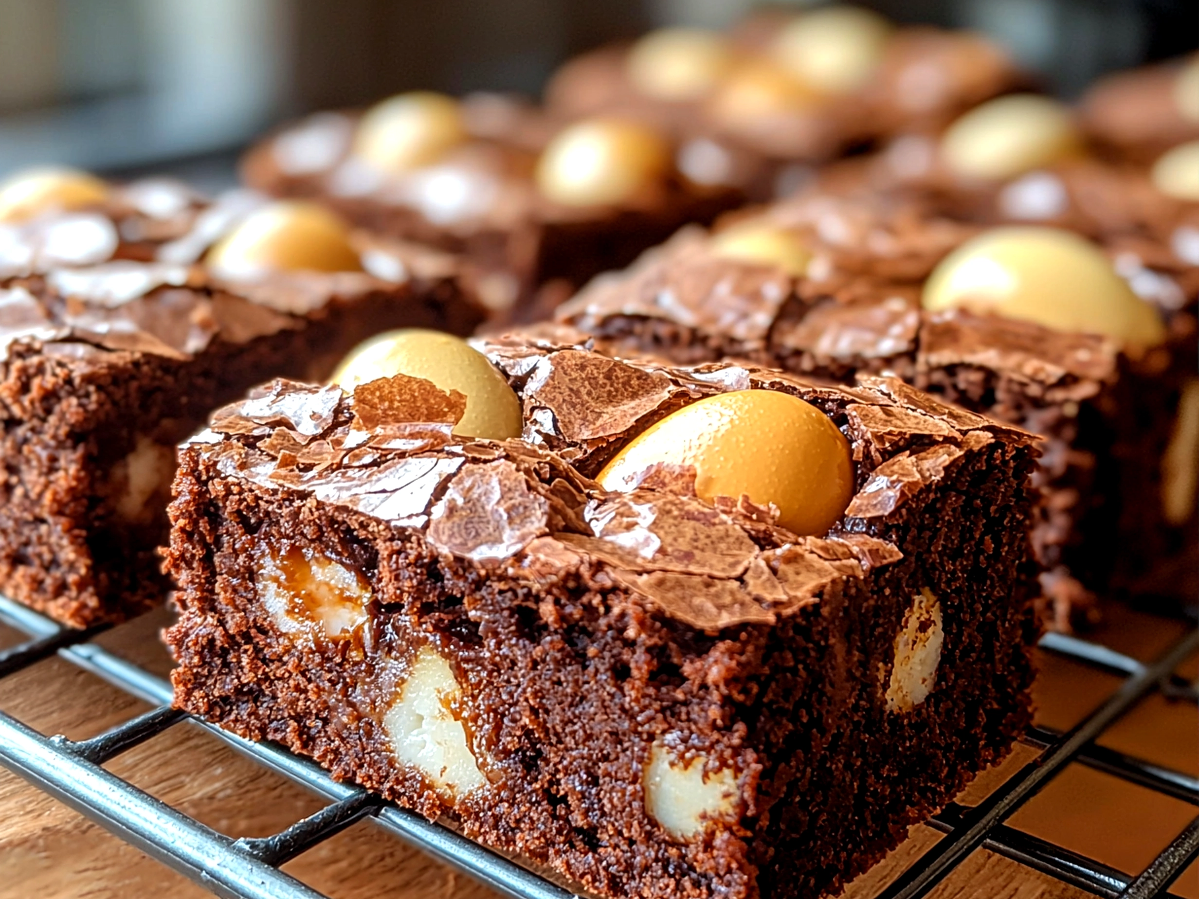 Plate of warm Cadbury Egg Brownies served with ice cream