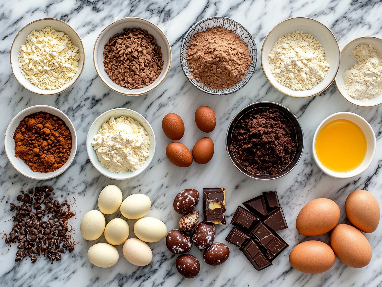 Ingredients for Cadbury Egg Brownies including butter, sugar, eggs, flour, cocoa powder, and Cadbury Creme Eggs