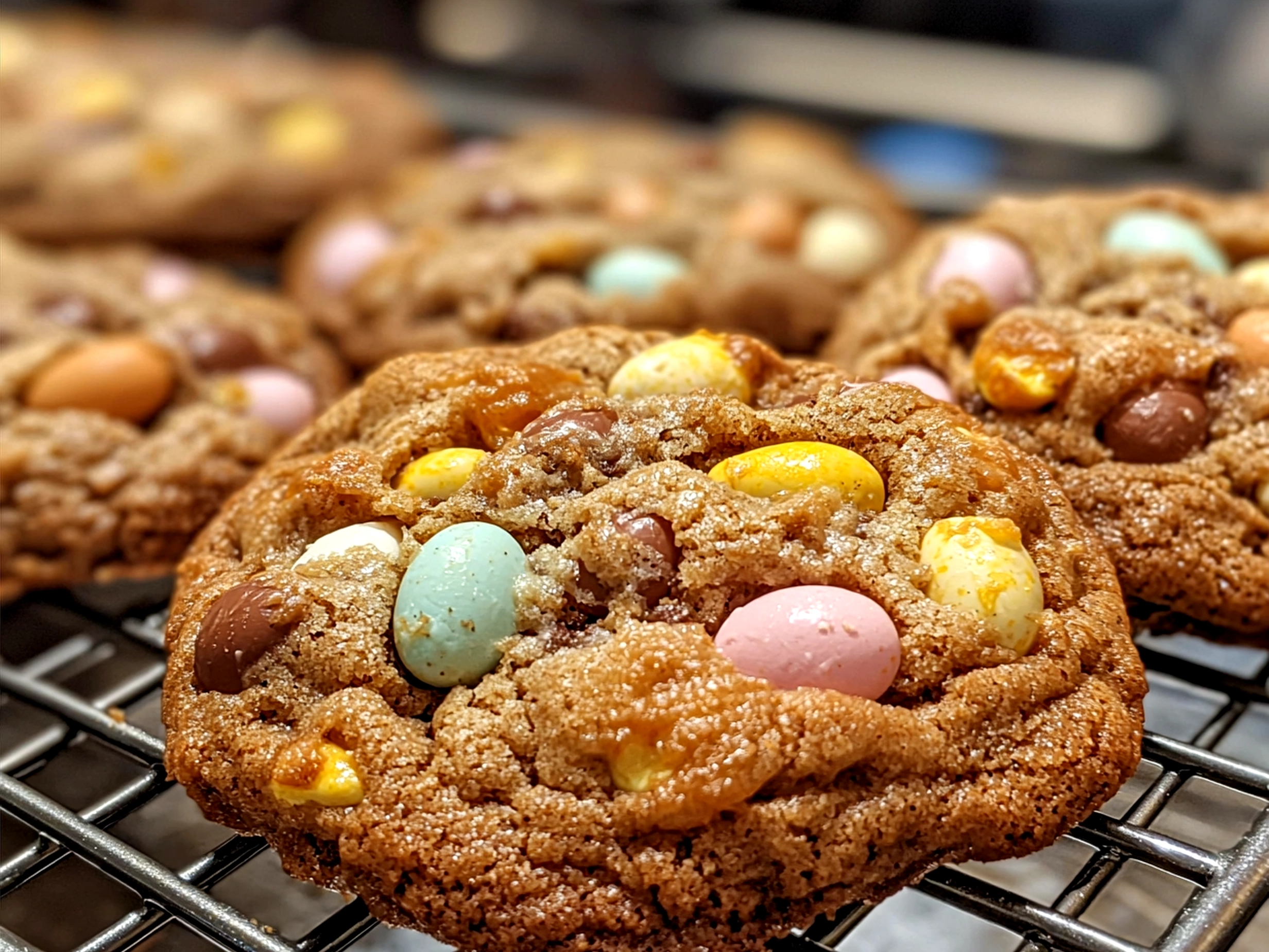 Freshly baked Cadbury Mini Egg Cookies on a plate ready to serve