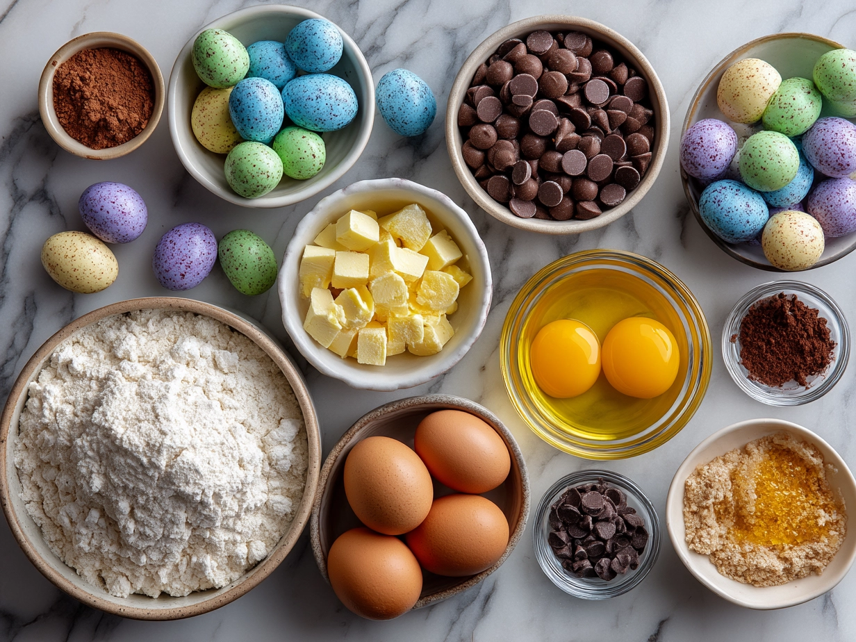 Ingredients for Cadbury Mini Egg Cookies showing butter, sugar, eggs, flour, and Cadbury Mini Eggs