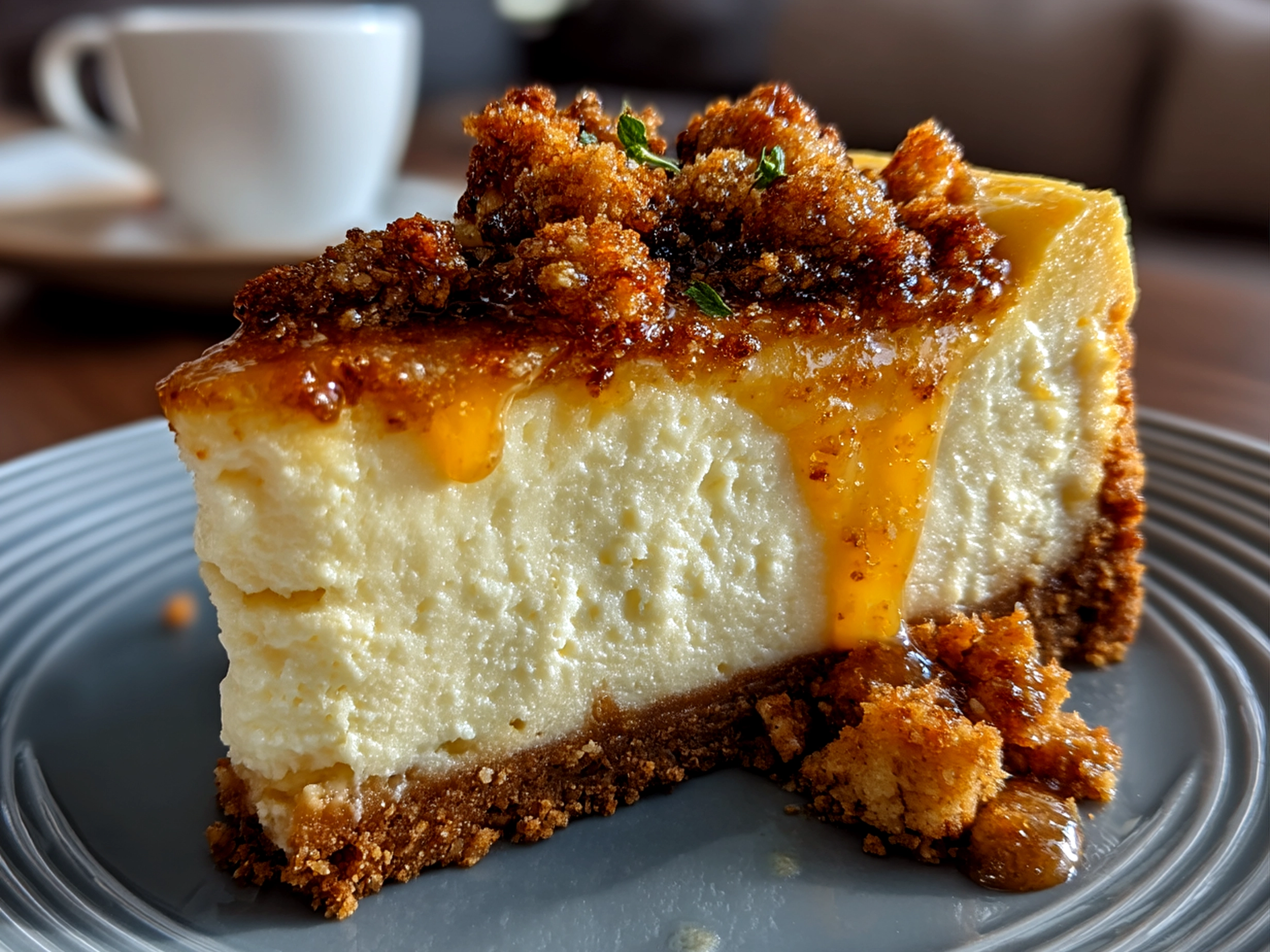 A slice of moist carrot cake cheesecake served on a plate with nuts and whipped cream