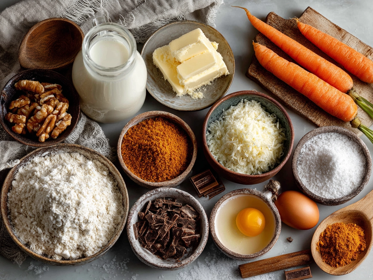 Ingredients for carrot cake cheesecake arranged on a counter