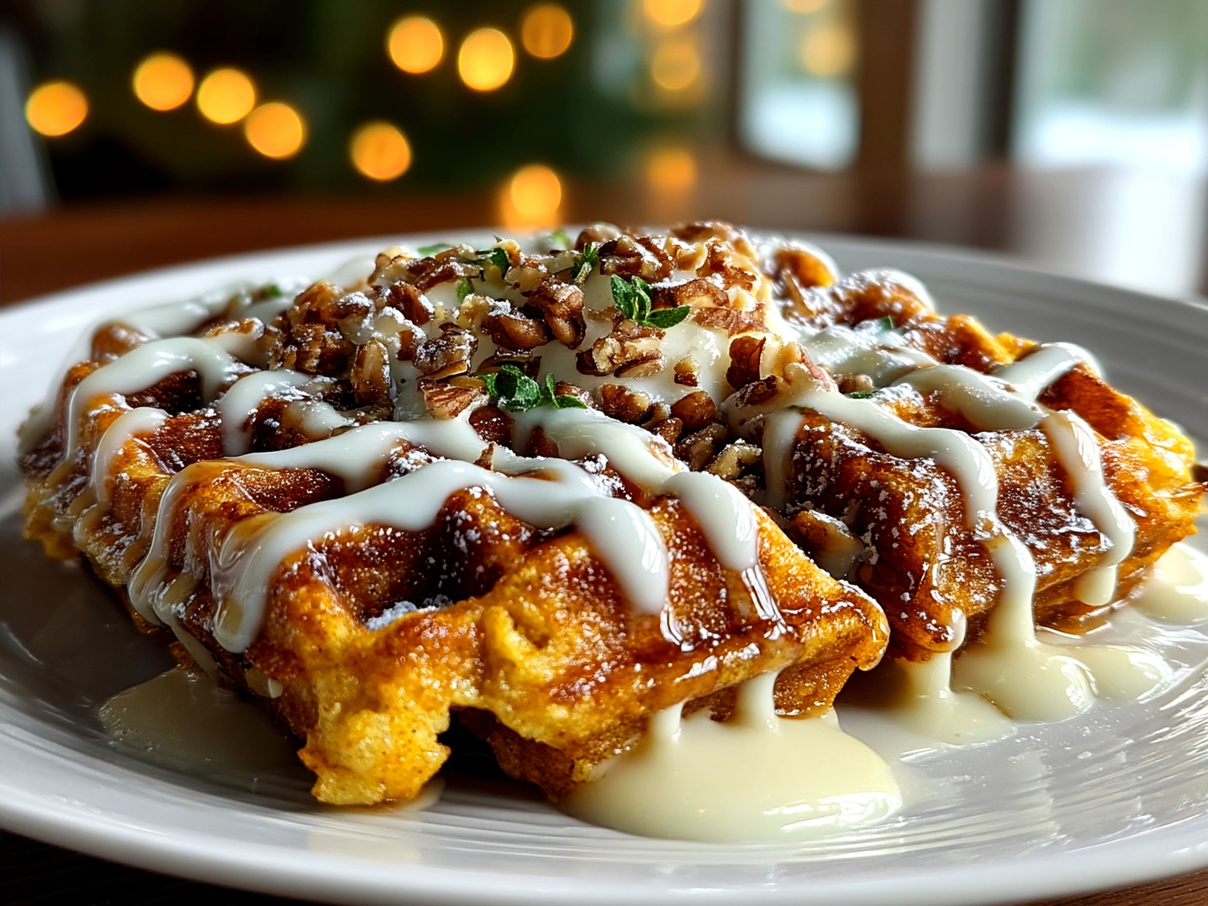 Serving Carrot Cake Waffles with Cream Cheese Drizzle, golden waffles with drizzle and nuts