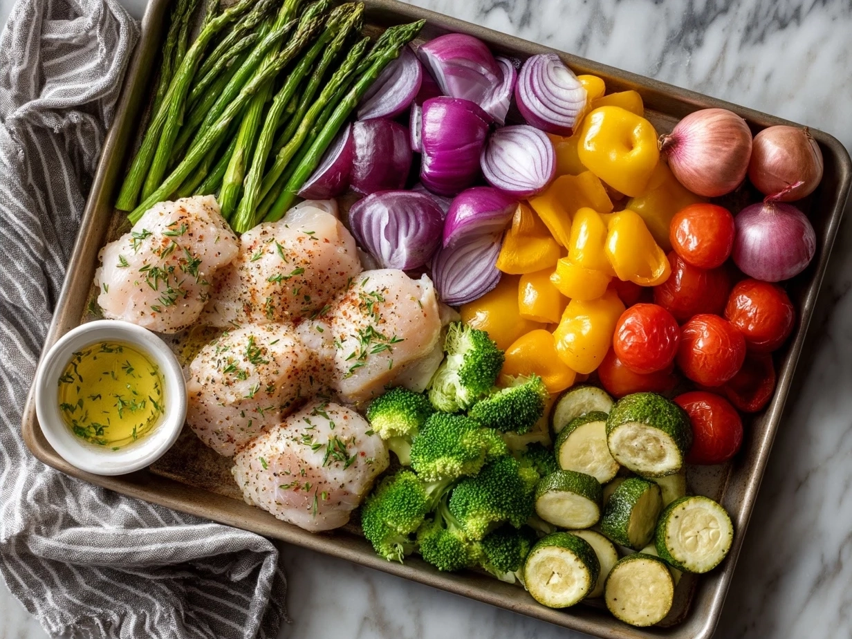 Ingredients for Chicken Veggie Sheet Pan Meal Prep including chicken breasts, bell peppers, zucchini, squash, broccoli, and seasonings