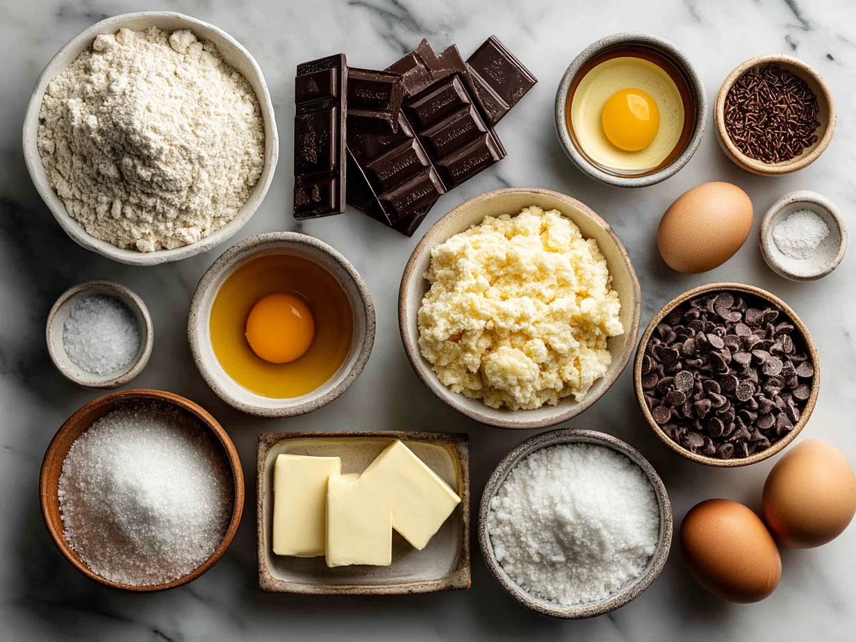 Ingredients for Classic Chocolate Chip Cookies laid out on a countertop
