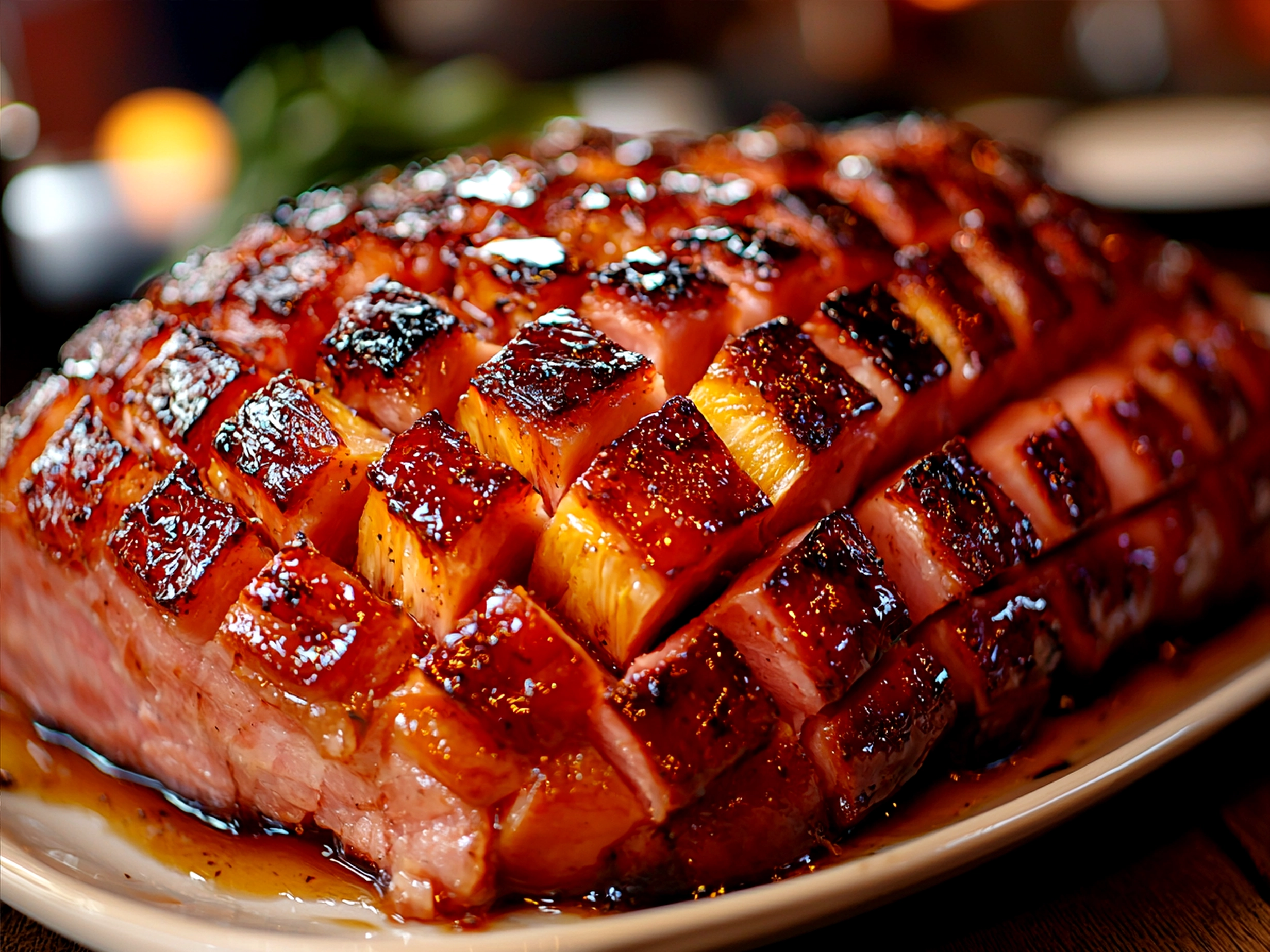 Classic Glazed Easter Ham with Pineapple served on platter