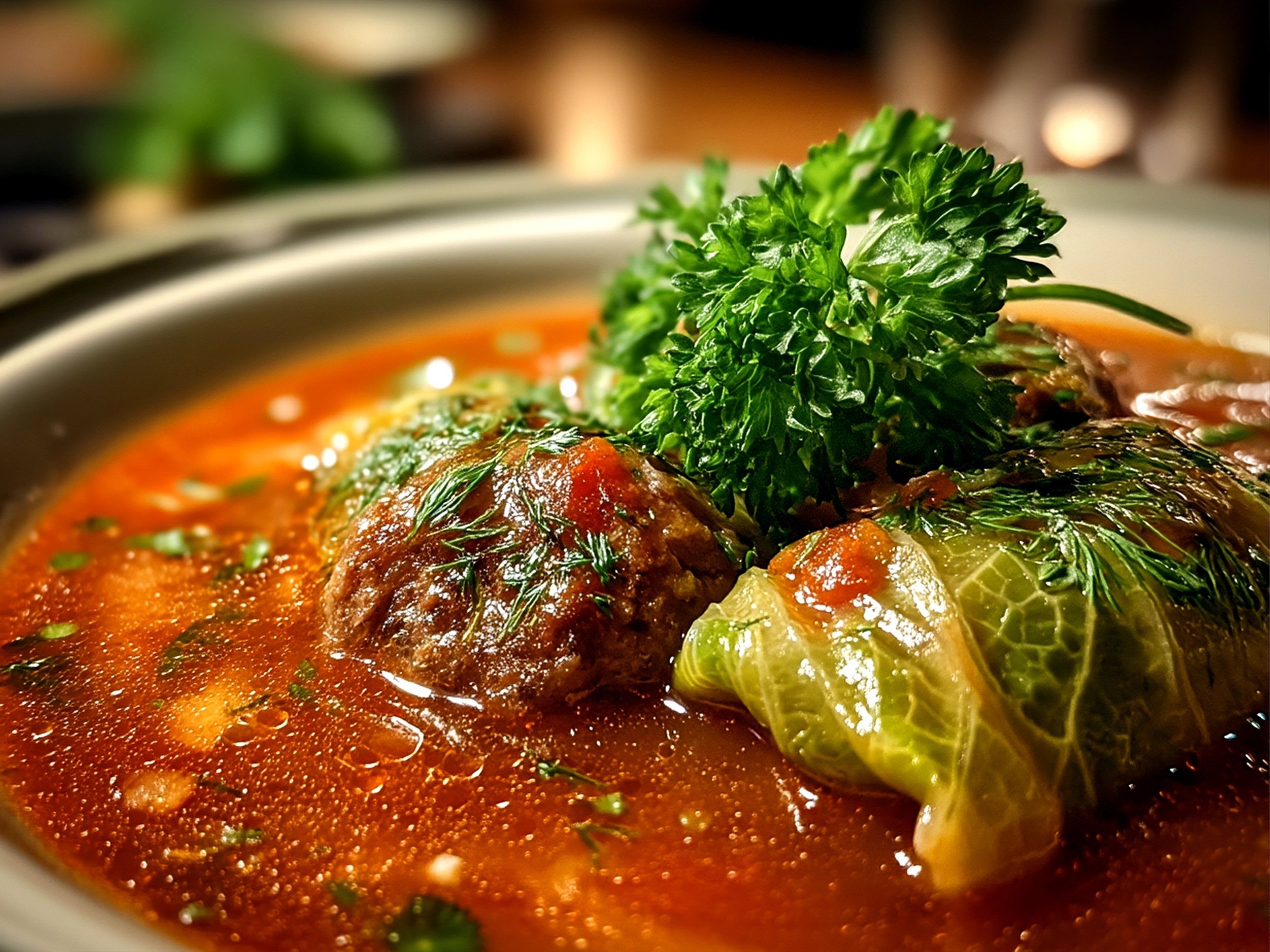 Close up of finished cabbage roll soup with garnish and natural shadows
