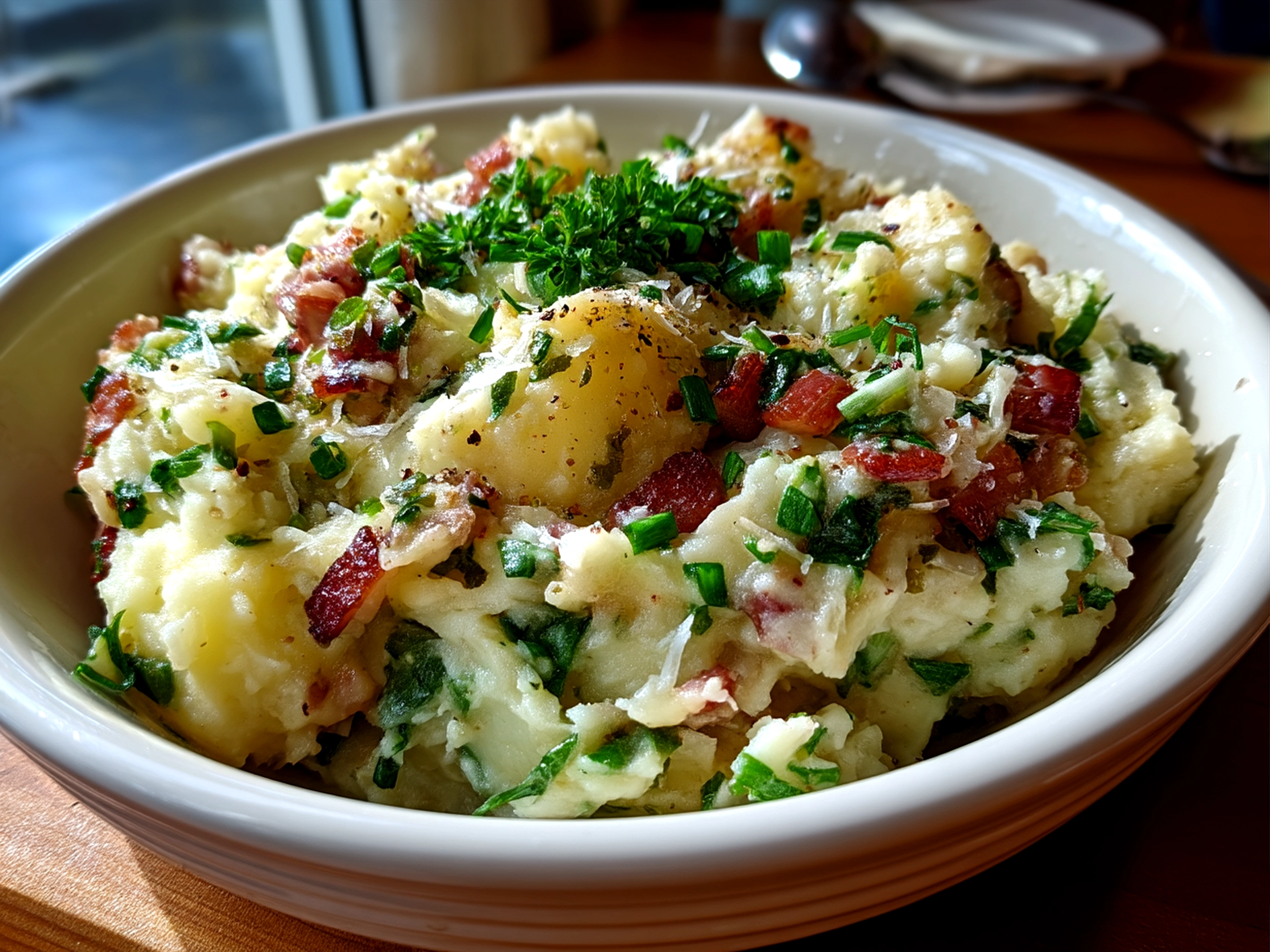 Serving dish of traditional Colcannon Mashed Potatoes with Cabbage