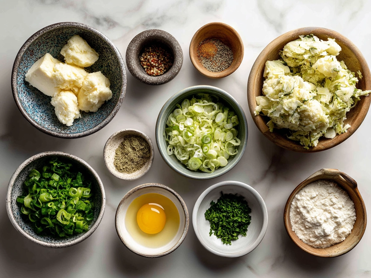Ingredients for Colcannon Mashed Potatoes with Cabbage including potatoes, cabbage, butter, onion, and milk