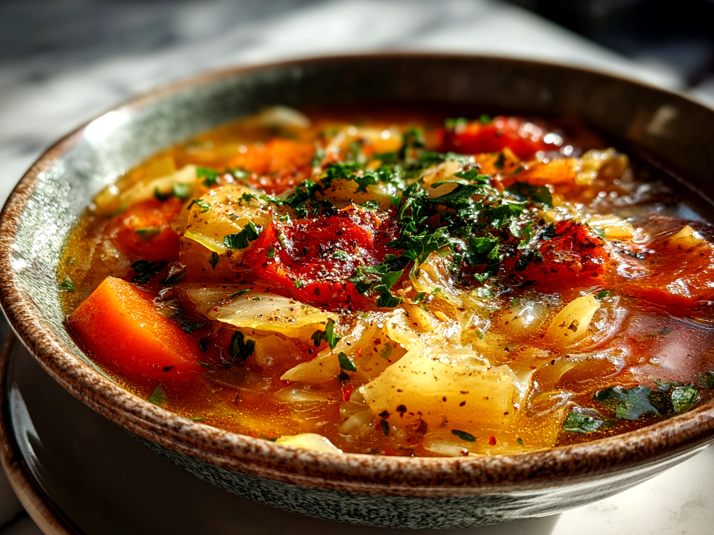 Comforting homemade cabbage roll soup in a rustic bowl