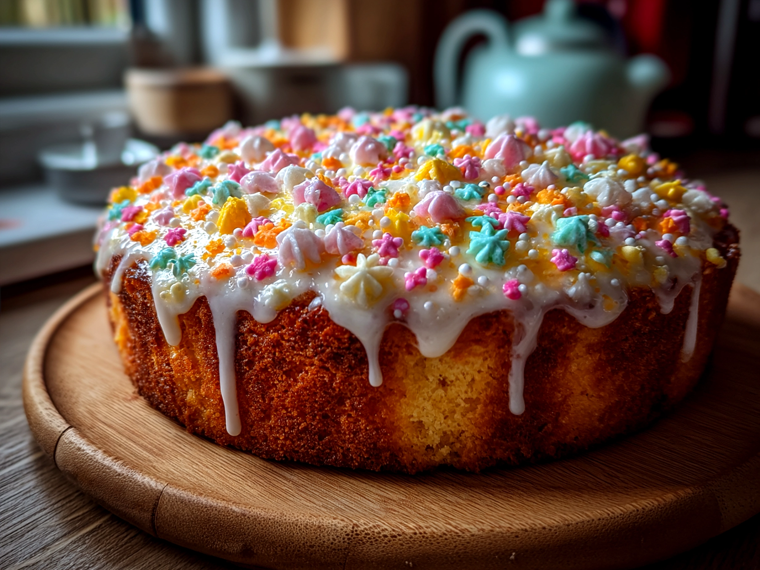 Slice of Confetti Spring Cake decorated with sprinkles and buttercream