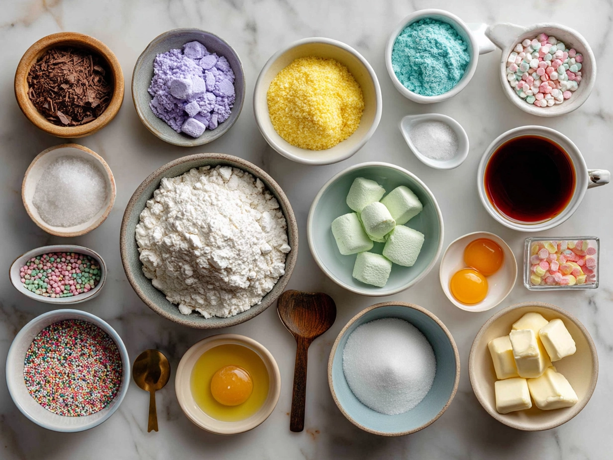 Ingredients for Confetti Spring Cake on a rustic table
