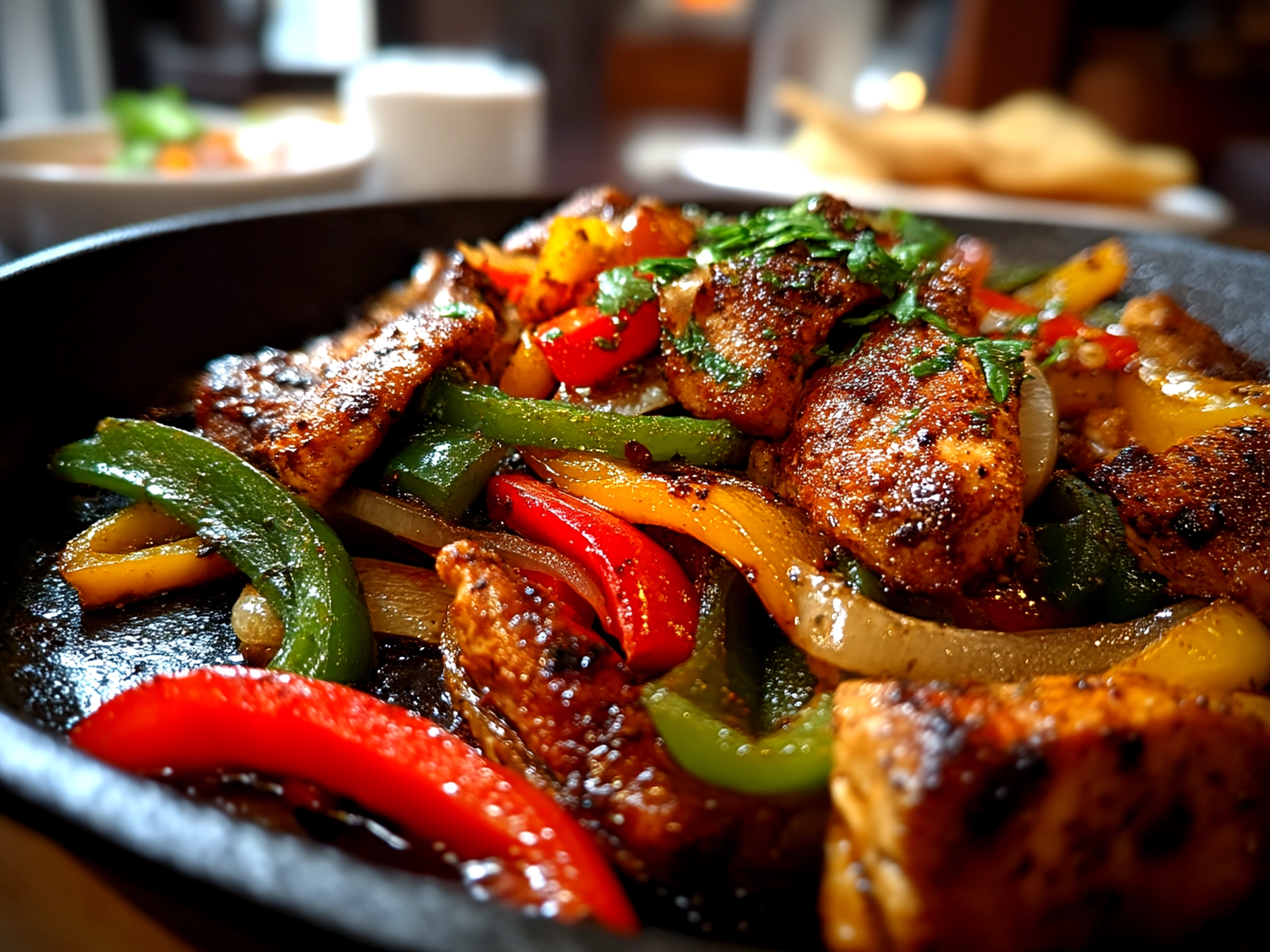 Serving Copycat Chilis Chicken Fajitas with warm tortillas and fresh garnishes