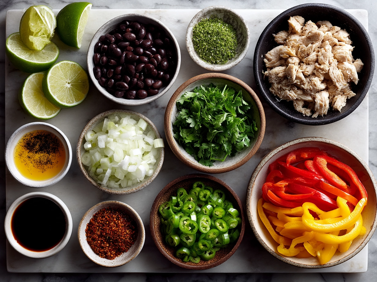 Ingredients for Copycat Chilis Chicken Fajitas with sliced bell peppers, chicken breasts, onions, spices, and lime juice