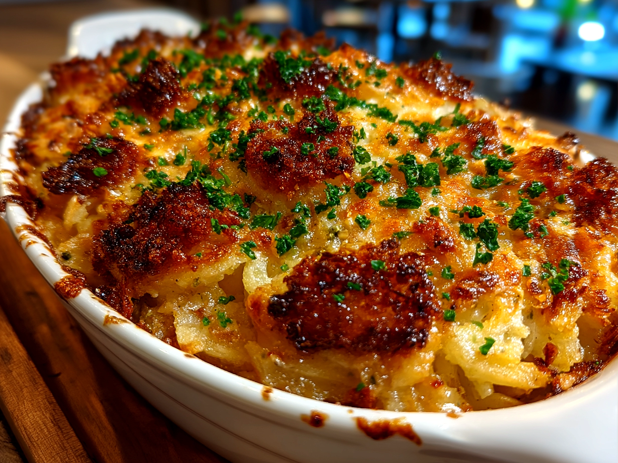 Served Copycat Cracker Barrel Hashbrown Casserole with garnish